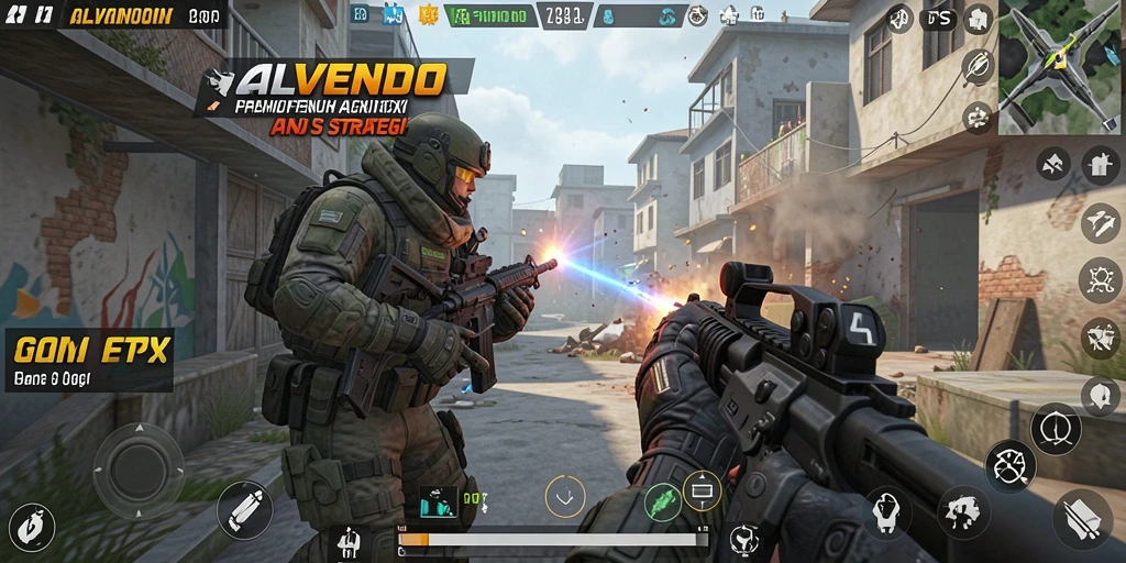 Tangkapan layar gameplay ALVENDO yang menampilkan aksi seru di medan perang FPS.
