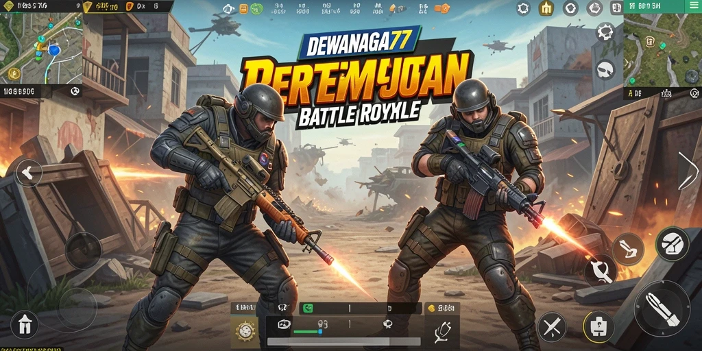 Tampilan seru gameplay DEWANAGA77 dalam pertempuran Battle Royale.