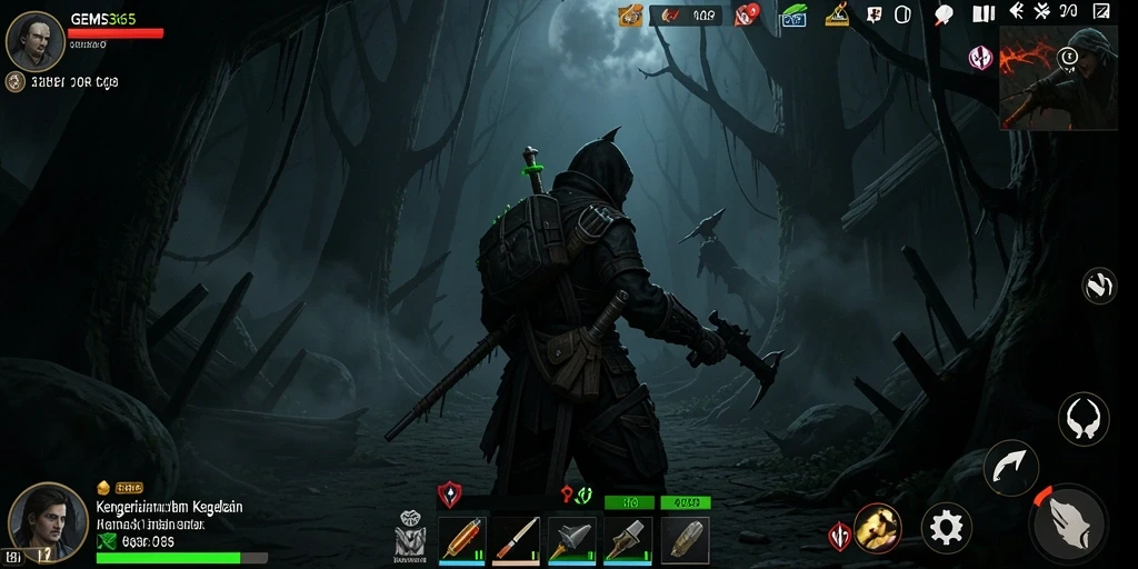 Tangkapan layar utama GEMS365 menampilkan suasana menyeramkan dari gameplay.