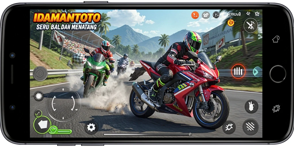 Screenshot gameplay IDAMANTOTO dengan motor balap yang mendebarkan.