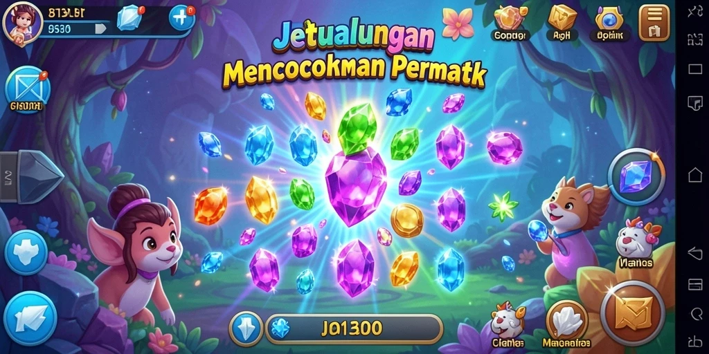 Tampilan gameplay JTBLUE dengan berbagai permata yang berwarna-warni dan menantang.