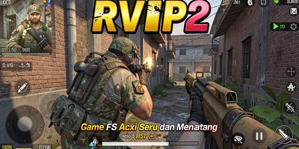 Screenshot utama RVIP2 menampilkan aksi tembak-tembakan yang intens.