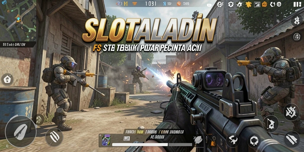 Screenshot utama menampilkan aksi intens dalam permainan FPS SLOTALADIN.