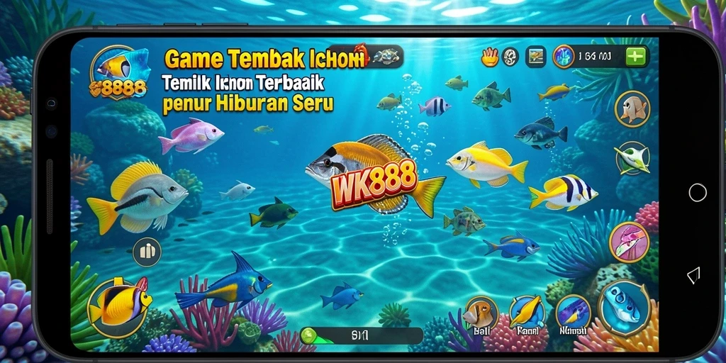 Gameplay seru dalam WK888 saat menembak ikan berwarna-warni.